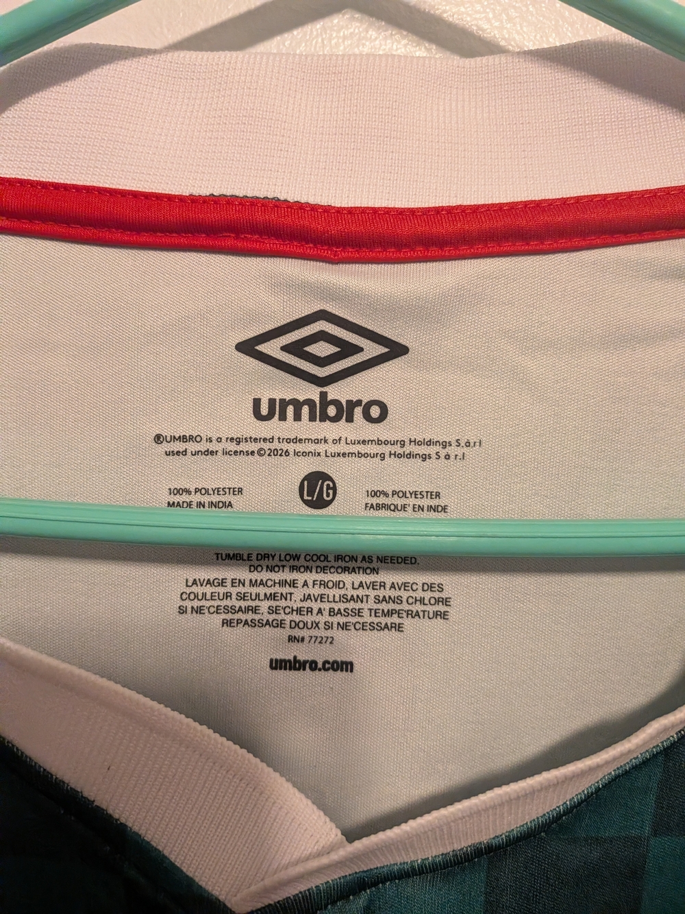 Umbro Teal Checkerboard Mexico Soccer Jersey with White Collar and Red Trim - Picture 2 of 3